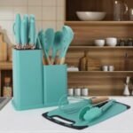 A set of Silicone kitchen utensils with wooden handles and a set of knives in a dual holder - Image 9