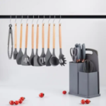 A set of Silicone kitchen utensils with wooden handles and a set of knives in a dual holder - Image 13