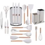 A set of Silicone kitchen utensils with wooden handles and a set of knives in a dual holder - Image 8