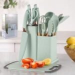A set of Silicone kitchen utensils with wooden handles and a set of knives in a dual holder - Image 14