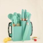 A set of Silicone kitchen utensils with wooden handles and a set of knives in a dual holder - Image 11