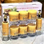9-piece kitchen spice and oil jar set with a metal stand