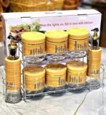 9-piece kitchen spice and oil jar set with a metal stand