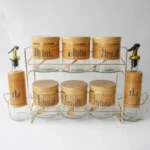 9-piece kitchen spice and oil jar set with a metal stand - Image 2