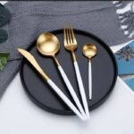 Gold-colored knife, fork, spoon, and teaspoon set - Image 3