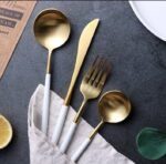 Gold-colored knife, fork, spoon, and teaspoon set - Image 2