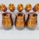 Jar set with a rack for sugar, tea, and coffee.