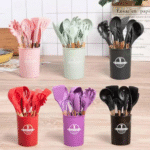 12-piece silicone kitchen utensil set with wooden handles.