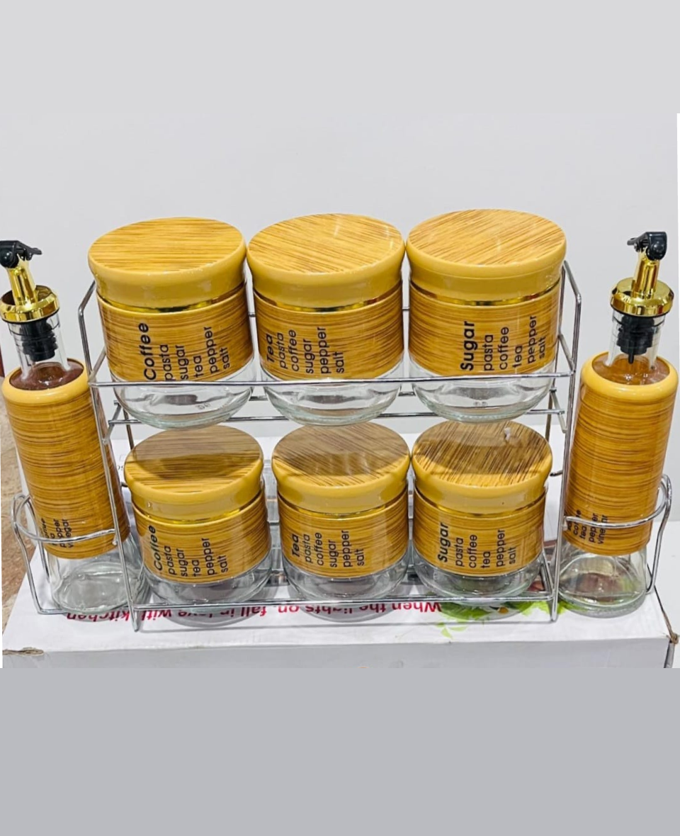 New Project (3) 9-piece kitchen spice and oil jar set with a metal stand. - Image 1