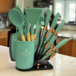 A set of Silicone kitchen utensils with wooden handles and a set of knives in a dual holder - Image 7
