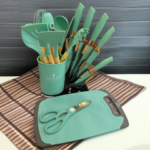 A set of Silicone kitchen utensils with wooden handles and a set of knives in a dual holder - Image 6