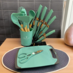 A set of Silicone kitchen utensils with wooden handles and a set of knives in a dual holder - Image 5