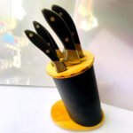 stainless steel kitchen knife set with a wooden block stand