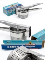 This item is a stainless steel potato ricer designed to produce smooth, creamy mashed potatoes or other cooked vegetables