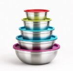 5-piece stainless steel nesting mixing bowls with colorful lids.