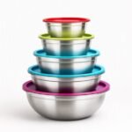 5-piece stainless steel nesting mixing bowls with colorful lids.